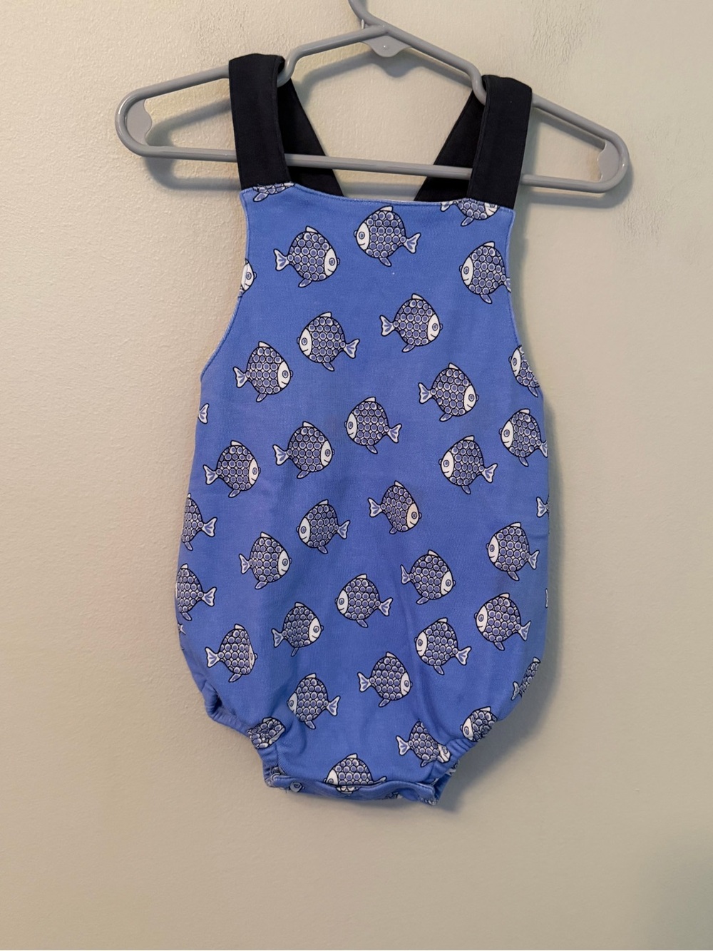 The Beaufort Bonnet Company Blue Fish Print Bubble with Navy Straps